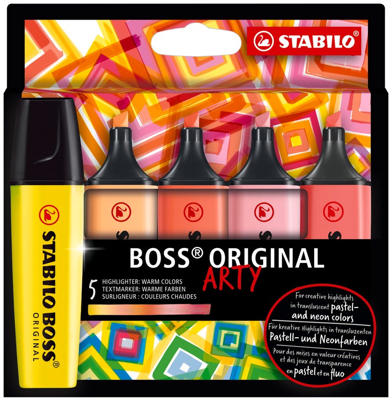 ستابيلو STABILO Highlighter BOSS ORIGINAL - ARTY - عبوة من 5 - ألوان دافئة، طرف مشطوف، تقنية مضادة للجفاف - Image 1